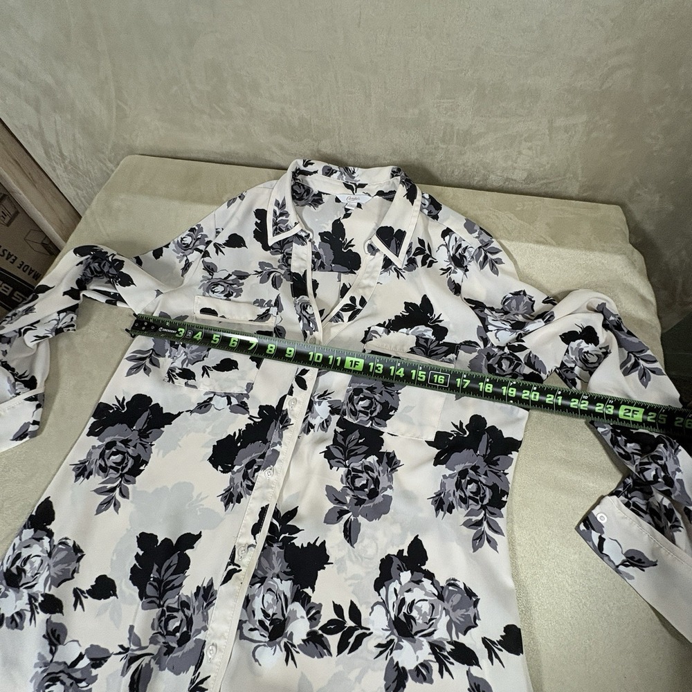 Candie's Women's L Chiffon Floral Button-Up Blouse White Black Gray Long Sleeve - Picture 4 of 13
